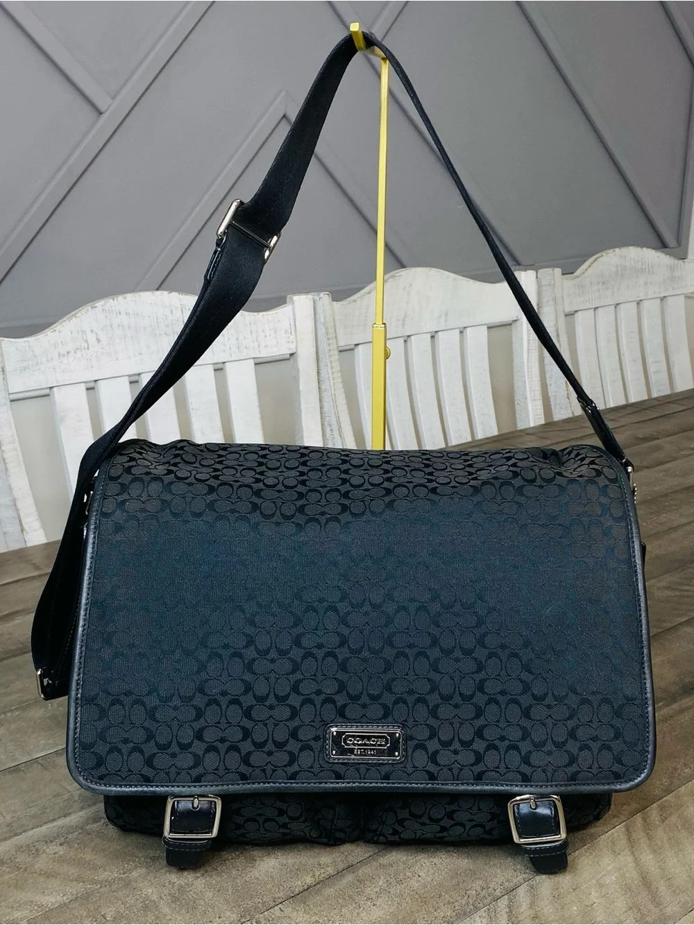 Coach Signature Jacquard Messenger Bag Black Canvas Laptop Crossbody F70283